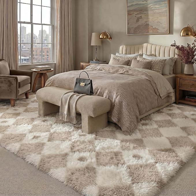 Beige 9x12 Area Rug for Living Room Soft Checkered Shag Carpet | Machine - Image 3