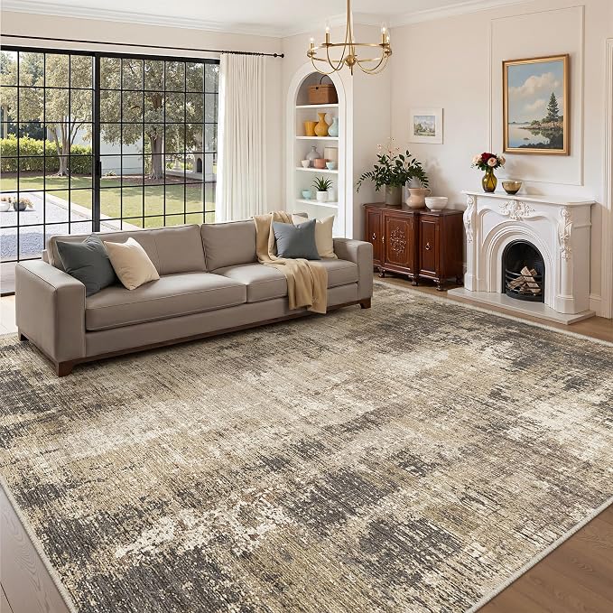 8x10 Area Rugs for Living Room, Abstract Large Washable Rug, Taupe | Soft Thin - Image 3