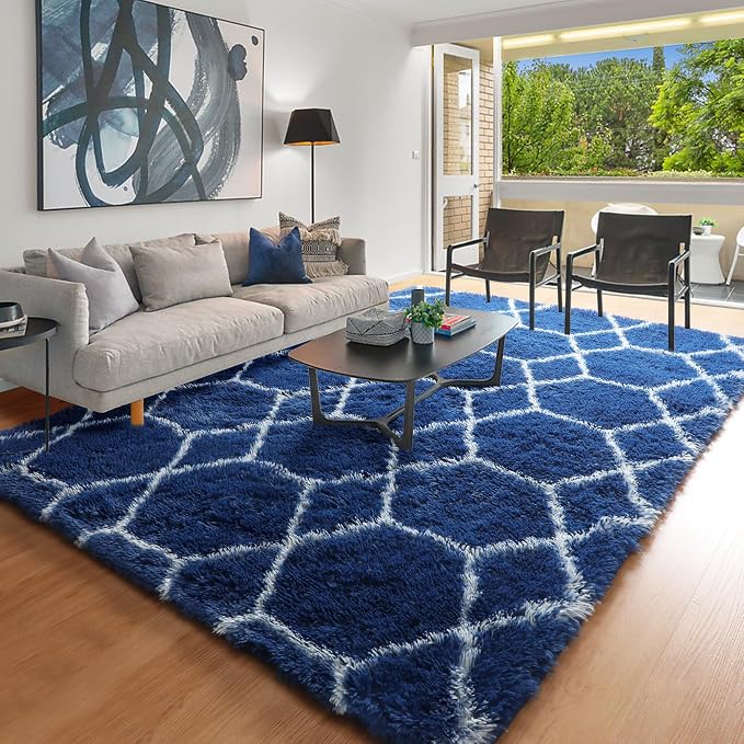 Large 6x9 Area Rugs for Living Room, Fluffy Geometric Navy and White Rug for - Image 8