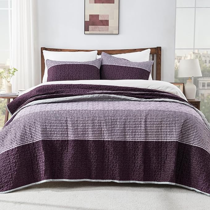 Queen Quilt Set Purple Grey, 3 Pieces Striped Bedspread | Ultra Soft Summer - Image 8