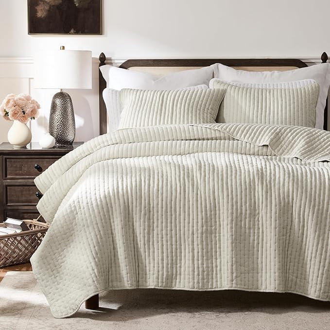WDCOZY Beige Cross Stitch King Size Quilt Set, Netural Striped Lightweight Soft by WDCOZY