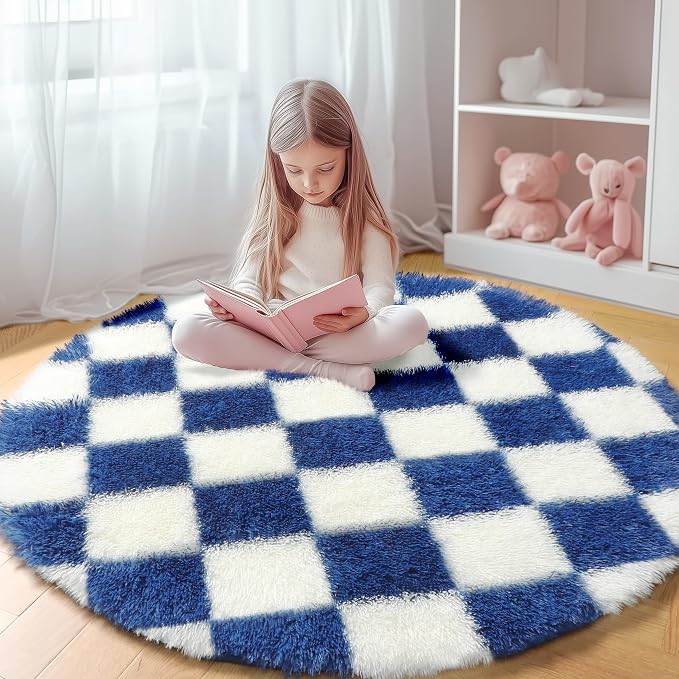 KICMOR Round Rugs 5ft Blue and Cream White Circle Area Rug, Fluffy Soft Fuzzy by KICMOR