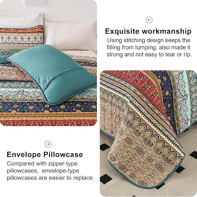 WONGS BEDDING Boho King Quilt Bedding Set, 3 Pieces Bedspread, Breathable - Image 7