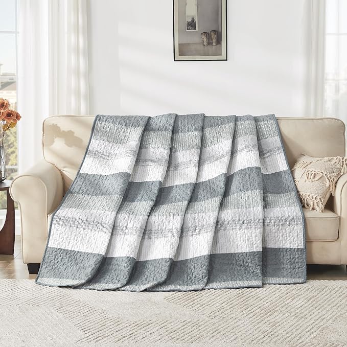 Queen Quilt Set Grey, 3 Pieces Striped Bedspread | Ultra Soft Summer - Image 9