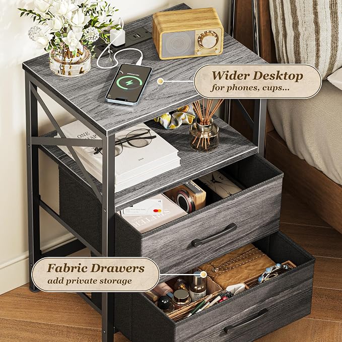 Huuger Night Stand with Charger Station, USB-C Port, End Table | 2 Drawer - Image 5