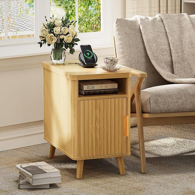 Huuger Narrow End Table with Charging Station, USB-C Port | Fluted Nightstand - Image 9