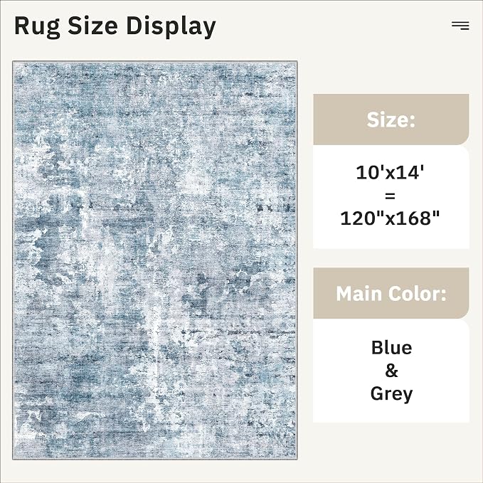Soalmost 10x14 Area Rugs for Living Room Washable Rug Abstract Blue/Grey | - Image 5