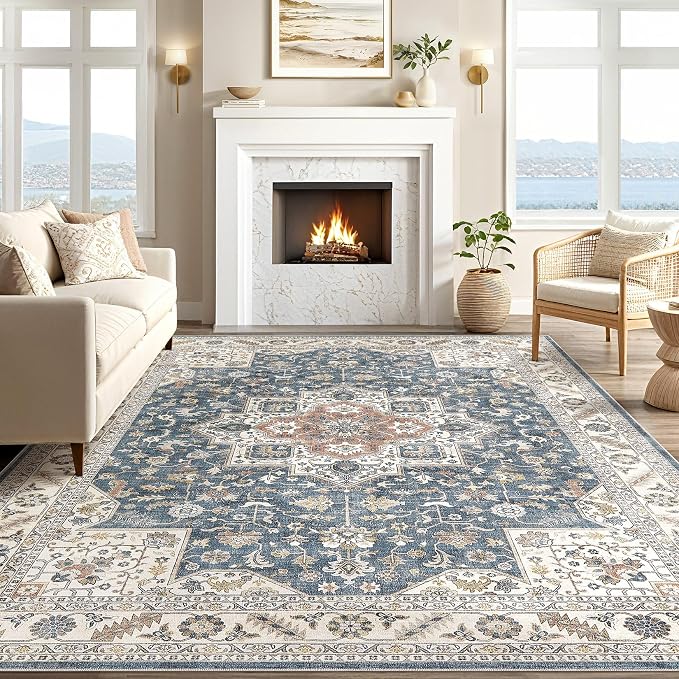 cotiled 5x8 Area Rug for Living Room, Traditional, Vintage Blue | Soft - Image 6