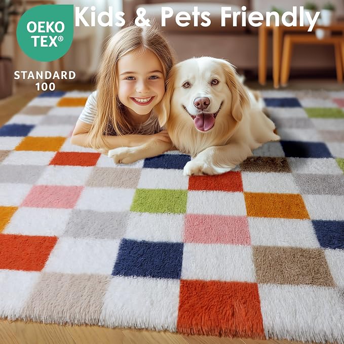 KICMOR Rugs for Living Room 5x7, Fluffy Soft Colorful Checkered Shag Area Rug - Image 8
