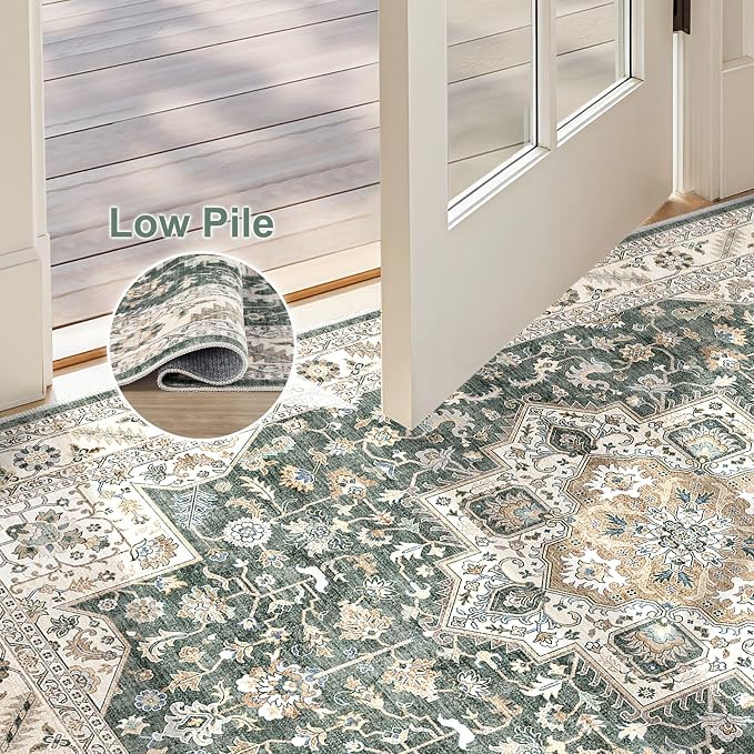 cotiled 3x5 Area Rug for Living Room, Traditional, Vintage Green | Washable - Image 4