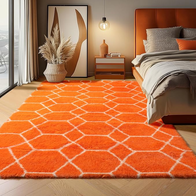 Area Rugs for Bedroom Living Room, 4x6 Fluffy Orange and White Throw Rug by ONASAR