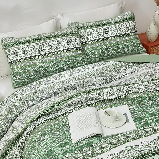 WONGS BEDDING Boho Queen Quilt Set, Light Green Bohemian Quilt Bedding Set - Image 4