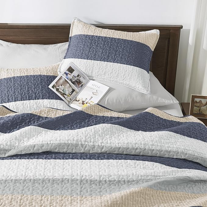 Queen Quilt Set Yellow Blue, 3 Pieces Striped Bedspread | Ultra Soft Summer - Image 3