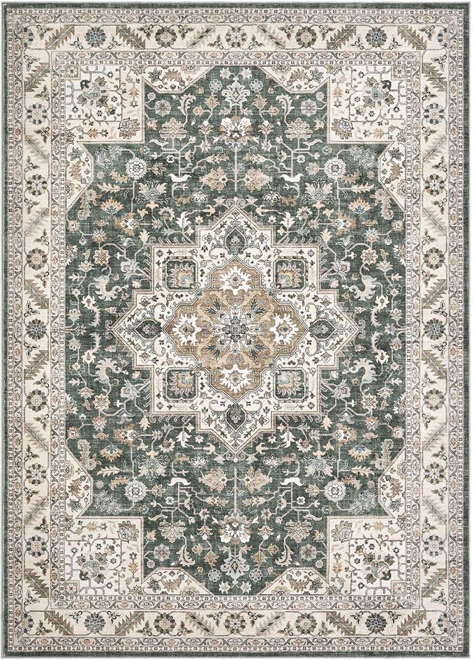 cotiled 5x8 Area Rug for Living Room, Traditional, Vintage Green | Soft - Image 9
