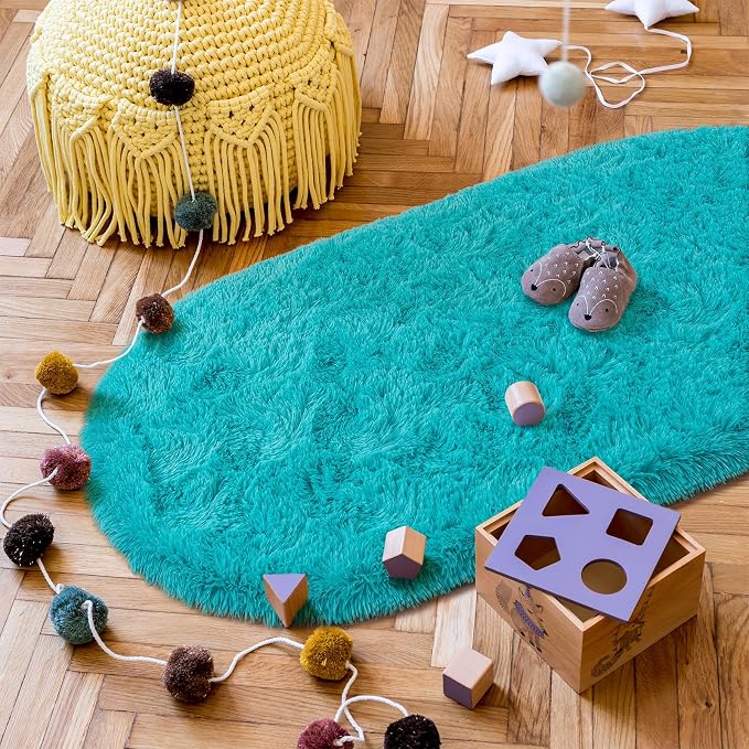 Goideal Fluffy Bedroom Rug, Small Oval Area Rugs, Teal Shag Bedside Carpet - Image 5
