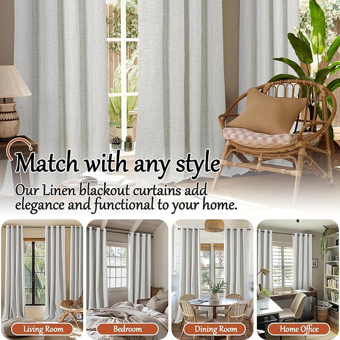 Light Grey Linen Blackout Curtains 84" Long Each 60 Wide 2 Panels | Thermal - Image 7