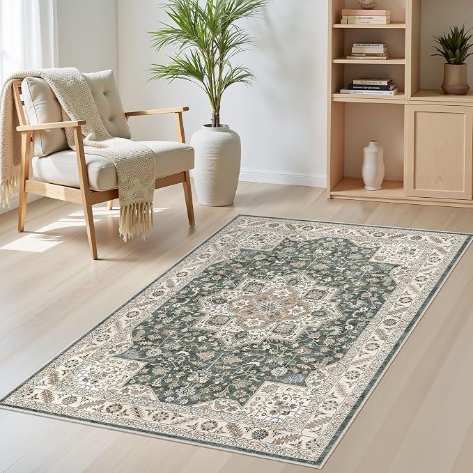cotiled 3x5 Area Rug for Living Room, Traditional, Vintage Green | Washable by COTILED