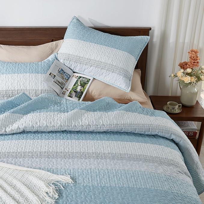California King Quilt Set Aqua Blue, 3 Pieces Bedspreads | Ultra Soft - Image 3