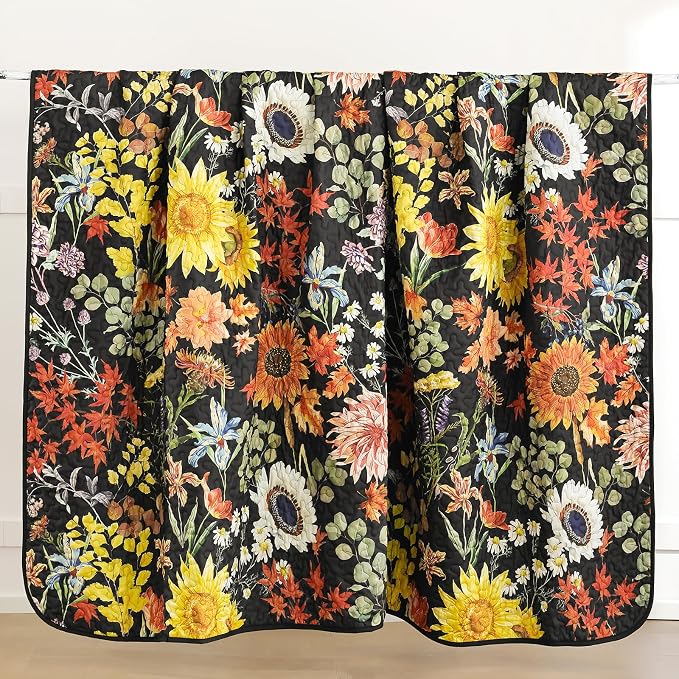 Yiran California King Quilt Black, Sunflower Floral Bedspreads Bedding Set | 3 - Image 8
