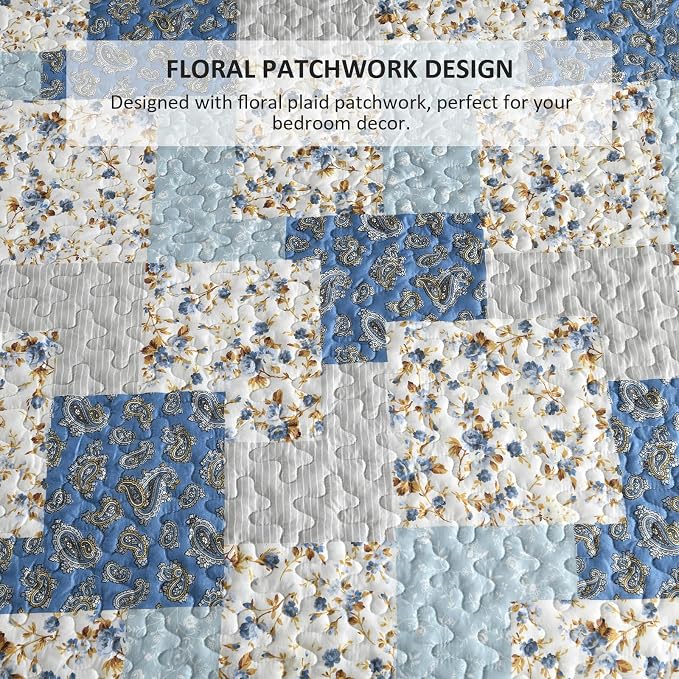 Mybedsoul Light Blue Quilt Set King Size, 3 Pieces Boho Plaid Floral Bedspread - Image 6