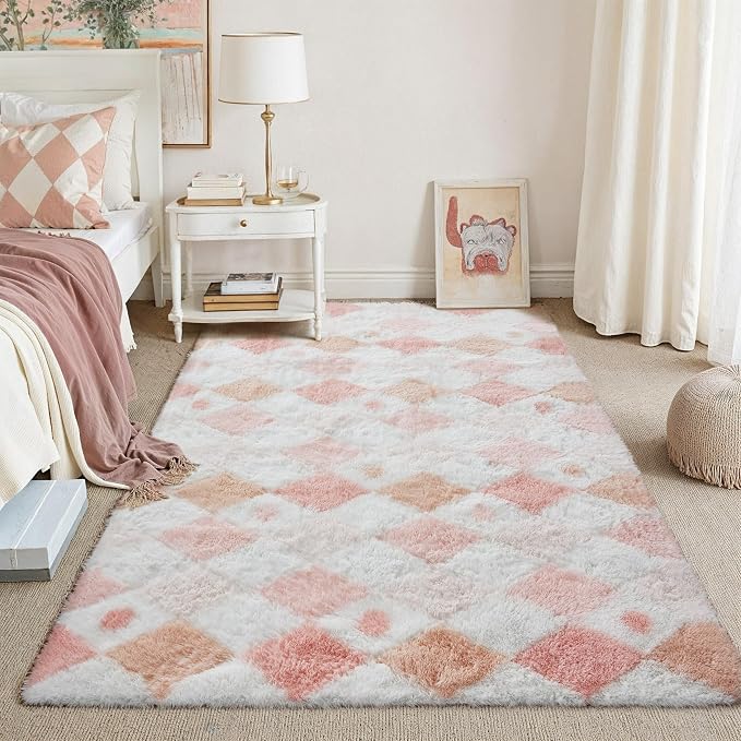 Pink 4x6 Area Rug for Kids Room Soft Fluffy Checkered Shag Carpet | Machine - Image 3