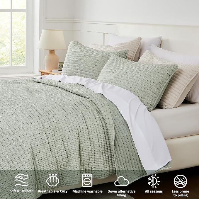 WDCOZY Sage Green Pick Stitch Twin Size Quilt Set, Striped Lightweight Soft - Image 3