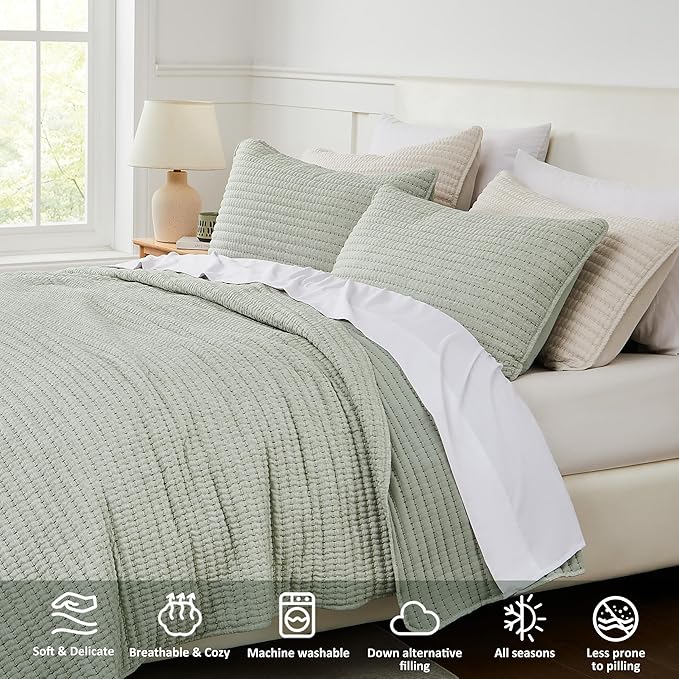 Sage Green Pick Stitch Oversized King Size Quilt Set, California King Striped - Image 3