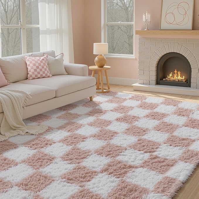 Pink Area Rug 8x10 for Living Room Soft Checkered Shag Carpet | Machine Washable - Image 3
