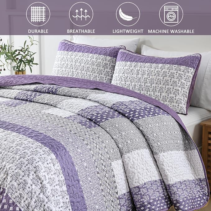 WONGS BEDDING Purple King Quilt Bedding Set, Bohemian Stripe Bedspread | - Image 6