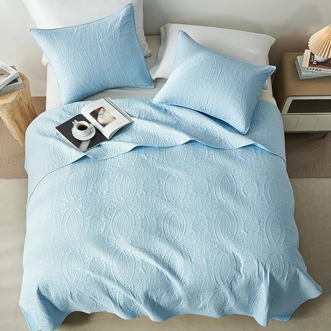 akkialla 118"x106" Sky Blue California King Quilt Set, Oversized Floor-Length - Image 3