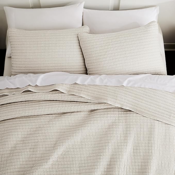 WDCOZY Beige Pick Stitch Twin Size Quilt Set, Striped Lightweight Soft Summer by WDCOZY