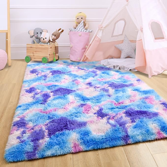 3x5 Tie-Dyed Blue Purple Pink Fluffy Area Rug Non-Slip - Image 4