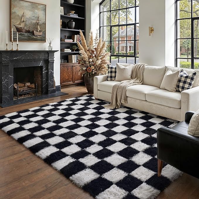 Checkered Rug 5x8 for Living Room Black and White Soft Shag Rugs | Machine by PureCozy