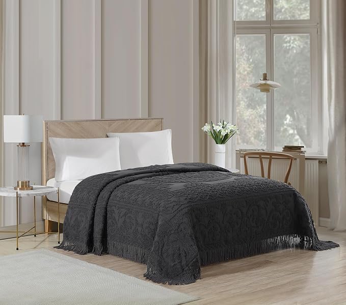 Beatrice Home Fashions Medallion Queen Cotton Chenille Bedspread, Charcoal | - Image 5