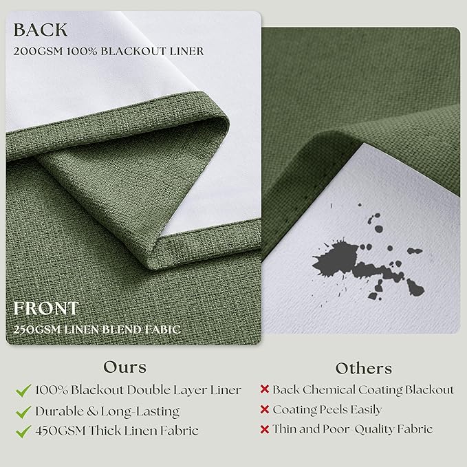 102 Inch Olive Green Linen Pinch Pleated Black Out Curtains - Image 6