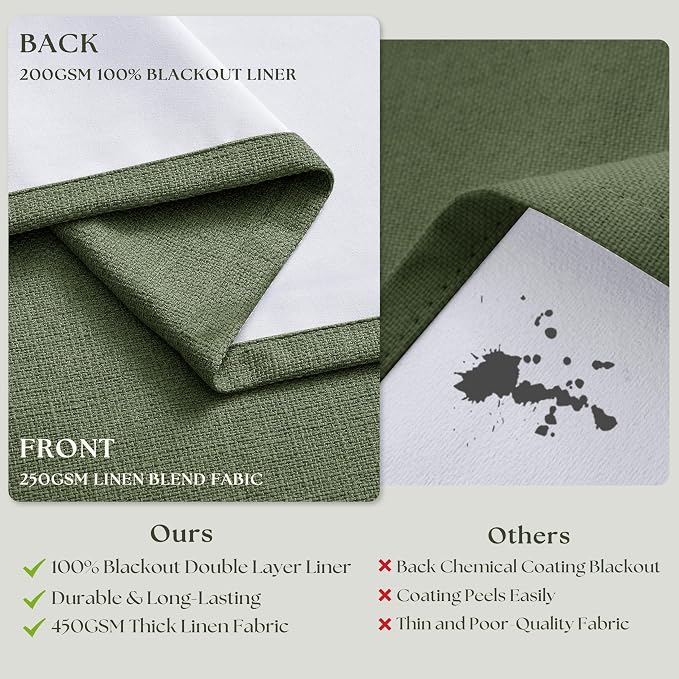 120 Inch Olive Green Linen Pinch Pleated Blackout Curtains Double Layer | 100% - Image 6