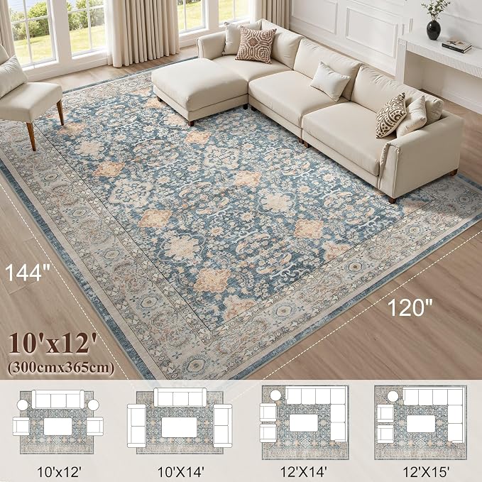 cotiled 10x12 Area Rug for Living Room, Traditional, Dark Blue | Soft - Image 9