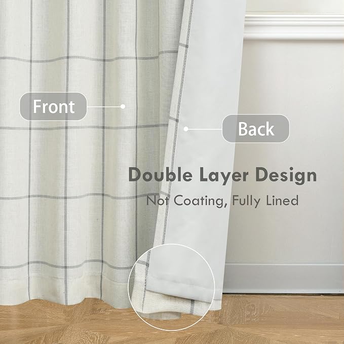 DriftAway 100% Blackout Plaid Linen Curtains 84 Inches Long 2 Panels Gray | - Image 4