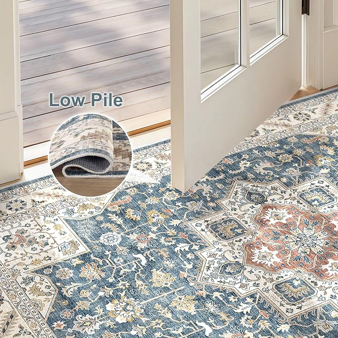cotiled 3x5 Area Rug for Living Room, Traditional, Vintage Blue | Washable Soft - Image 4