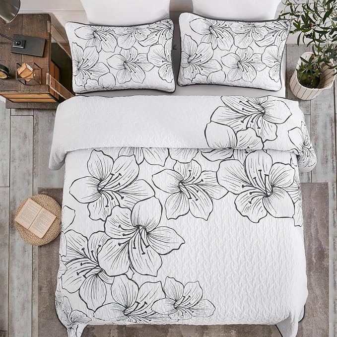 DJY White Quilt Set King 3 Pieces Floral Bedding Quilt Set Soft Botanical - Image 3