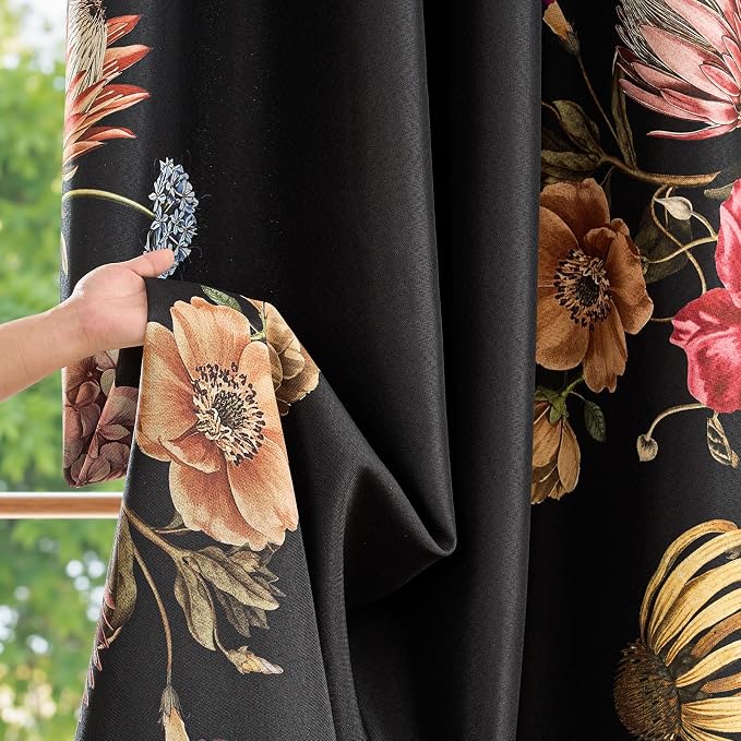 jinchan Black Floral Blackout Curtains 84 Inch Vintage Grommet 2 Panels | Room - Image 6
