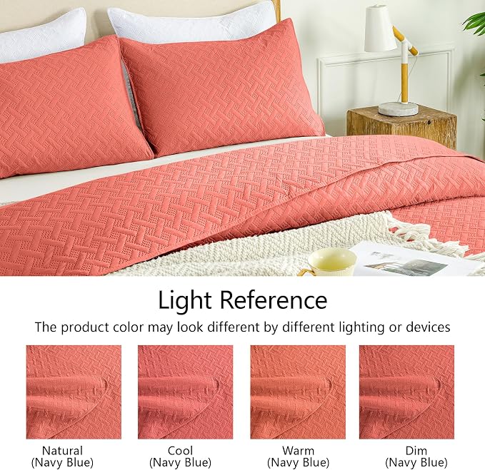 FLYMME Twin Quilt Set, Lightweight Coral Bedspreads, Basket Weave Pattern - Image 4