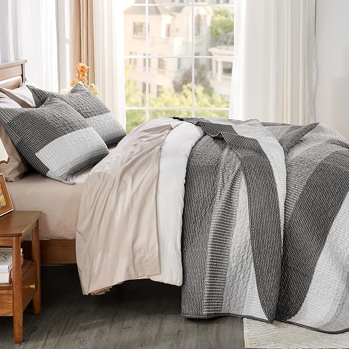 Oversized King Quilt Set, Dark Grey Stripe Bedspread, 3 Pieces | 120x98 Inch - Image 3