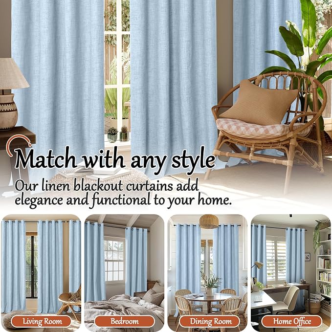 Baby Blue Linen Blackout Curtains 80 Inch Long Each 38 Wide 2 Panels | Thermal - Image 7