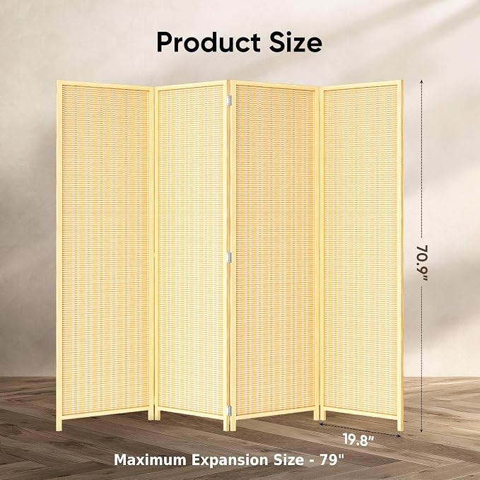 Room Divider 4 Panel Folding Privacy Screen, Woven Bamboo, Wooden | 6 ft. Tall - Image 2