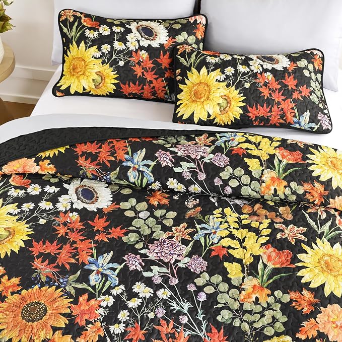 Yiran Black Yellow Full Size Quilt, Floral Bedspreads Bedding Set | 3 Pieces - Image 3