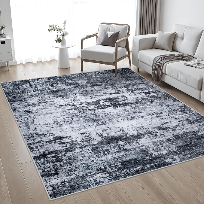 Area Rug Living Room: 4x4 Modern Washable Indoor Carpet Black | - Image 2