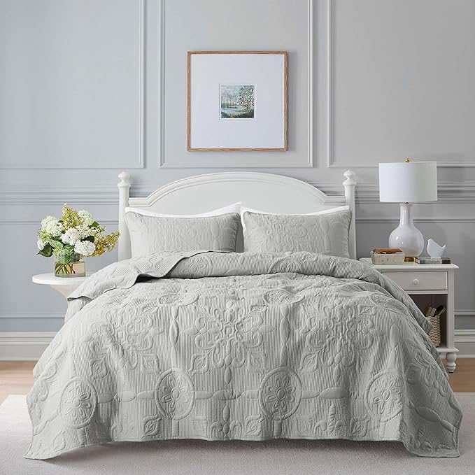 Light Grey Damask Quilt Queen Size Bedding Sets by B2EVER