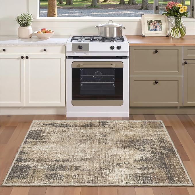 4x6 Area Rug for Entryway, Abstract Washable Bedroom Rug, Taupe | Soft & by Valenrug