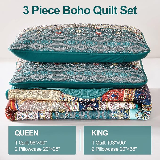 WONGS BEDDING Boho King Quilt Bedding Set, 3 Pieces Bedspread, Breathable - Image 6